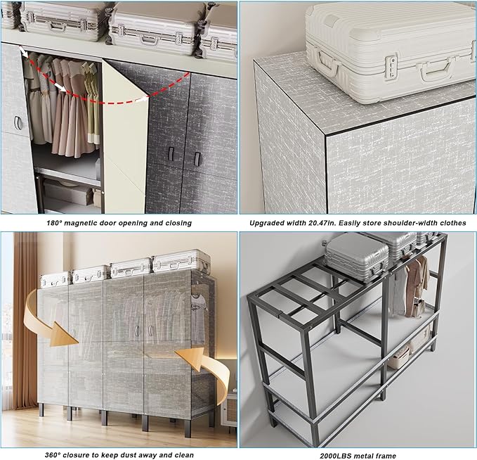 FPIGSHS Heavy Duty Clothes Rack with Magnetic Door 2000LBS Foldable Portable Wardrobe Closet for Hanging Clothing Rolling Garment Rack on Wheels for Bedroom Closet System (B(Grey Door, 71in)