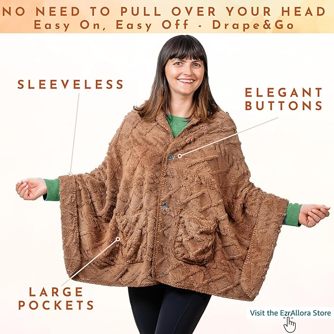 Boho Chic Wearable Blanket -No Sleeves- Lightweight Wrap Shawl - Lap Blanket - Gifts for Grandma - Women's Day Gifts (Jacquard, Velvet Brown)