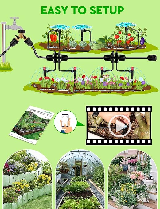 250FT Drip Irrigation System for Garden - 50FT 1/2" Main Tube & 200FT 1/4" Branch Tubing, Brass Splitter, Quick Connect Design, Perfect for Outdoor Plants, Raised Beds, Greenhouses