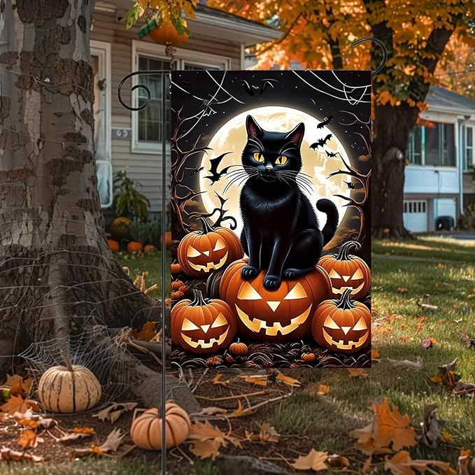 Halloween Garden Flag 12X18Inch Double Side, Jack O Lantern Yard flag, Cat Outside Small Garden Flag Decorative, Outdoor Flag for Holiday Patio Courtyard Lawn