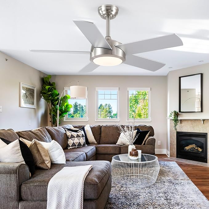 Ceiling Fan with Lights and Remote/APP - 42" Modern Low Profile Ceiling Fan with 5 Reversible Blades, 3CCT Dimmable, Ceiling Fans for Indoor/Covered Outdoor, Brushed Nickel