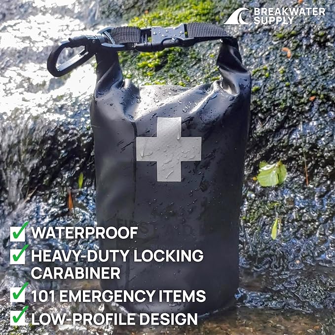 Breakwater Supply™ Waterproof First Aid Kit Dry Bag Bug Out Bag Preloaded with Emergency Survival Prepper Supplies for Boating, Camping, Fishing + Carabiner, Floating, Reflective, AFAK/IFAK Trauma Kit