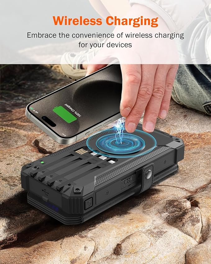 GOODaaa Solar Charger Power Bank, Portable Wireless Charger 36800mAh with Five Solar Panels Built-in Four Cable Five Outputs Outdoor Battery Pack for Cell Phone with Dual Flashlights, Carabiner