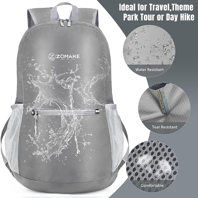 ZOMAKE Ultra Lightweight Hiking Backpack 20L, Packable Small Backpacks Water Resistant Daypack for Women Men(Silver Gray)
