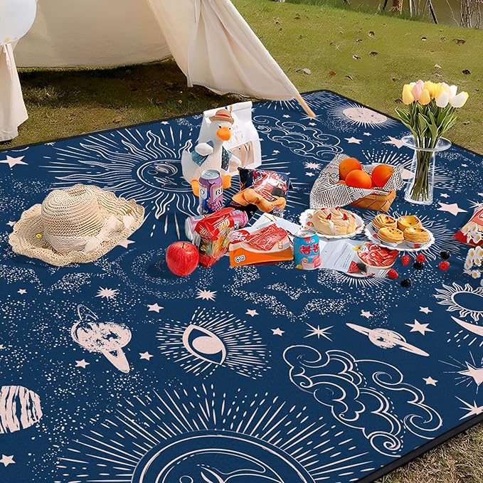 Gothic Picnic Blankets Waterproof Foldable,80″X80″ Sun and Moon Thick Picnic Mat Outdoor Blanket for Grass,Blue Large Beach Blanket Sandproof Picnic Accessories for Camping Picnic Party Park