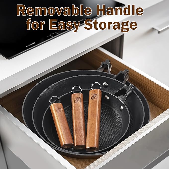 DM Cast Iron Skillet, 2 Piece Nonstick Frying Pan Set, 10 and 12 Inch with Detachable Acacia Wooden Handle, Honeycomb Non stick Omelet Egg Pan, Easy Clean Oven Safe Pans for Cooking