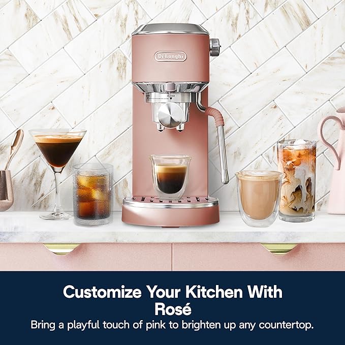 De'Longhi Dedica Duo Compact Espresso Machine - Cold Brew Coffee Maker with Milk Frother Wand- for Espresso, Hot & Iced Coffee, Cappuccinos, Lattes & Home Barista Brewing, Rosé Pink