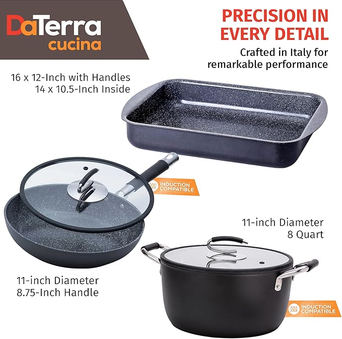 DaTerra Cucina Bundle - Nonstick Ceramic Cookware Set - 16.1" Roasting Pan, 11" Frying Pan with Lid, 8Qt Dutch Oven, Heat Resistant, Ceramic Cookware - Perfect for Everyday Cooking, Volcanic Black