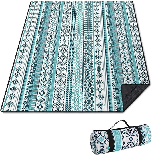 Extra Large Picnic Outdoor Blanket 60''x80'' Teal Blue Tribal Stripes Waterproof and Sandproof Picnic Mat for Beach Foldable Camping Accessories for Grass Lawn Park