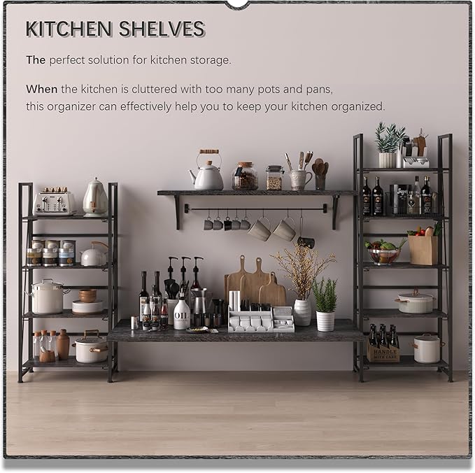 4NM No-Assembly Folding Bookshelf Storage Shelves 4 Tiers Vintage Bookcase Standing Racks Study Organizer Home Office (Gray Black)