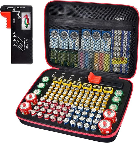 Battery Organizer Storage Holder Case Box with Tester Checker BT-168. Holds 136+ Batteries AA AAA C D Cell 9V 3V Lithium (Red)