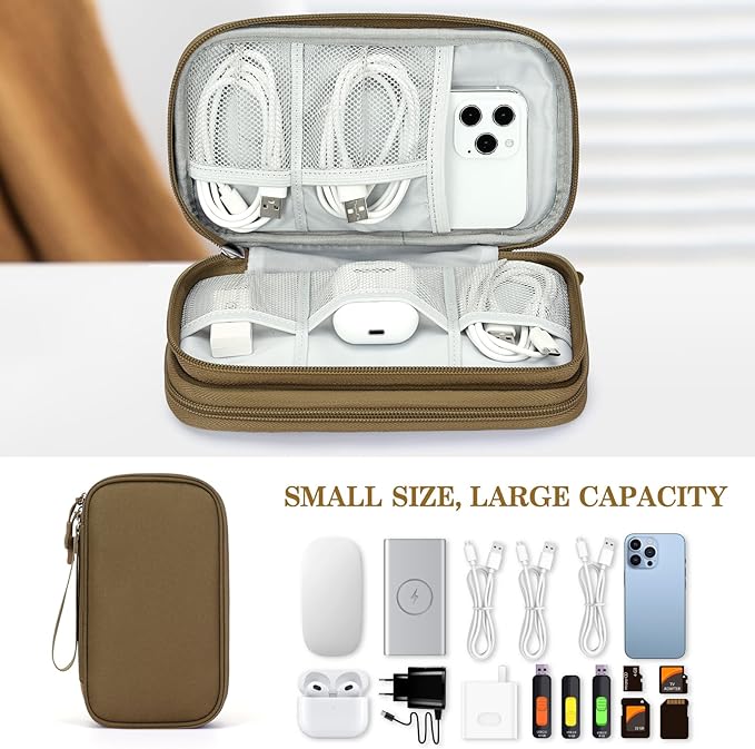 FYY Electronic Organizer, Travel Cable Organizer Bag Pouch Electronic Accessories Carry Case Portable Waterproof Double Layers Storage Bag for Cable, Charger, Phone, Earphone, Medium Size- Brown