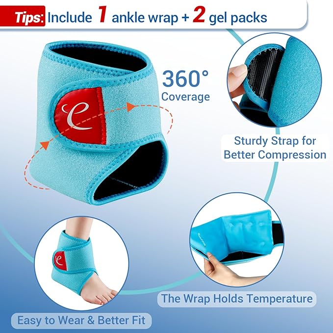 Comfytemp Ankle Ice Pack Wrap Brace for Swelling, Foot Pain Relief, 2 Gel Packs for Injuries Reusable, Hot Cold Compress for Plantar Fasciitis, Heel Spur, Achilles Tendonitis, Men Women Surgery Gift