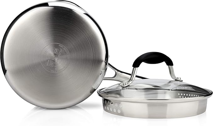 AVACRAFT Tri-Ply Stainless Steel Saucepan with Glass Strainer Lid, Two Side Spouts, Ergonomic Handle, Multipurpose Sauce Pan with Lid, Sauce Pot, Cooking Pot (Tri-Ply Full Body, 2.5 Quart)