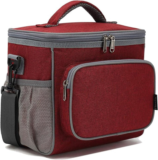 FlowFly Insulated Reusable Lunch Bag Adult Large Lunch Box for Women and Men with Adjustable Shoulder Strap,Front Zipper Pocket and Dual Large Mesh Side Pockets,Red