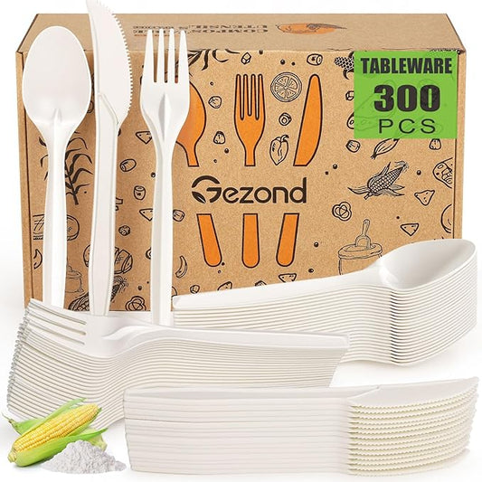 Gezond 100% Compostable Cutlery Set 300 Pack Extra Long Disposable Cutlery with 150 Forks 100 Spoons 50 Knives 7 Inch No Plastic Biodegradable Utensils for Party Wedding Camping Office Picnic