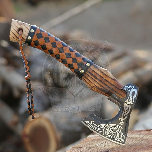SHINY CRAFTS Viking Axe - Handmade Hatchet Norse Valhalla Runic Carbon Steel Head Engraved Handle Wolf Camp Axe With Genuine Leather Sheath & Wrap (SCA 03)
