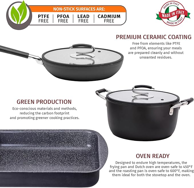 DaTerra Cucina Bundle - Nonstick Ceramic Cookware Set - 16.1" Roasting Pan, 11" Frying Pan with Lid, 8Qt Dutch Oven, Heat Resistant, Ceramic Cookware - Perfect for Everyday Cooking, Volcanic Black