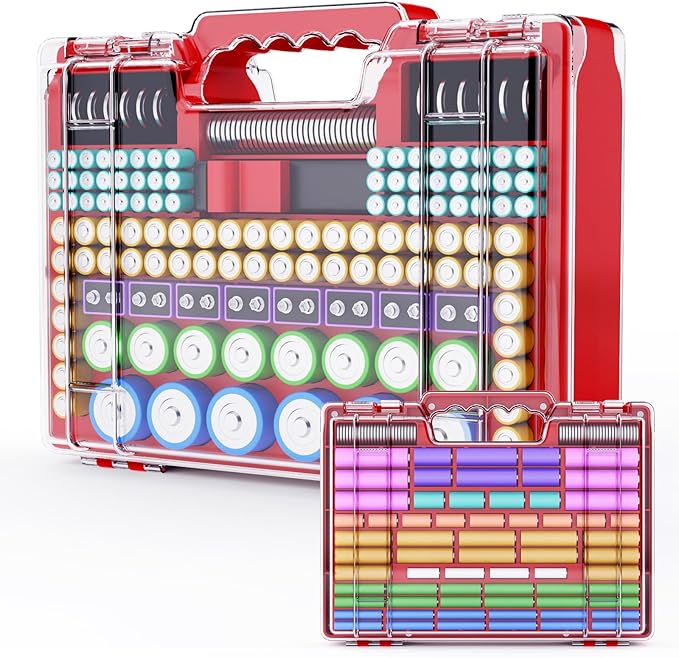 Battery Organizer Storage Holder Box Case with Tester, Ultra-Large 262+ Batteries Container with Double-Sided, Holds AA AAA 4A 23A C D Cell 9V 3V Lithium 4LR44 CR3 CR123A 18650 (Red)