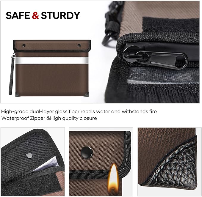 Fireproof Bag for Documents (11 x 7.7 inch)-5200 Heat Insulated, Waterproof Document Pouch with Double-Sided Reflective Strip, Money Bag for Cash (Brown)