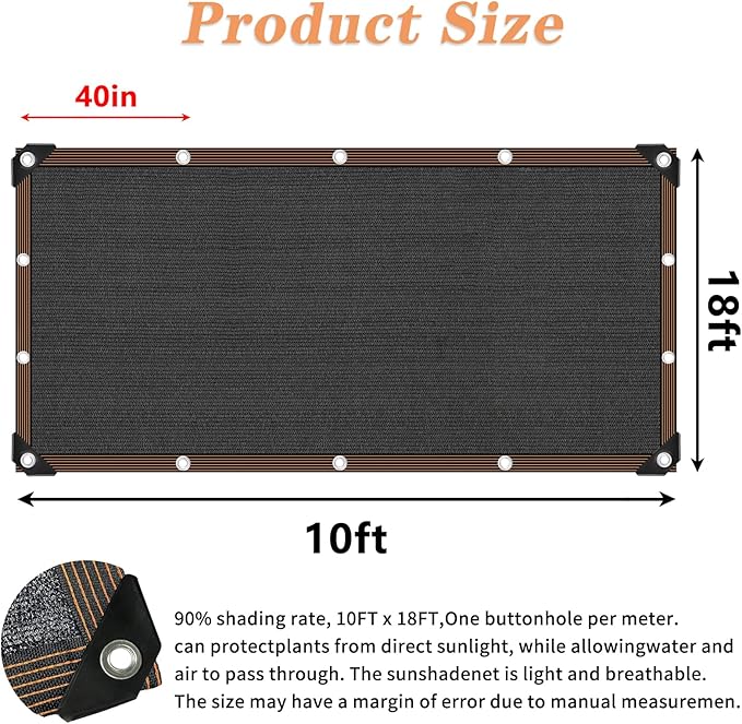 90% Black Shade Cloth, 10x18 FT Mesh Tarp Sun Shade Cloth with Grommets, Sun Protection Sail for Garden Greenhouse Pergola Plants Chicken Coop Patio Outdoor Neting Cover