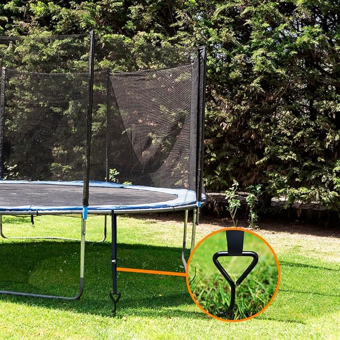 Eurmax USA Trampoline Stakes Heavy Duty Trampoline Parts Corkscrew Shape Steel Stakes Anchor Kit with T Hook for Trampolines -Set of 4 Bonus 4 Strong Belt,Black