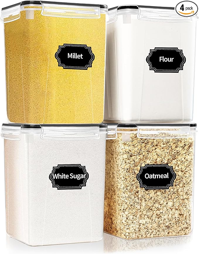 4 Pack Large Airtight Food Storage Containers with Lids (5.2L / 176oz), BPA Free Plastic Kitchen and Pantry Organization Contianers for Cereal Flour and Sugar Storage, Labels & Marker
