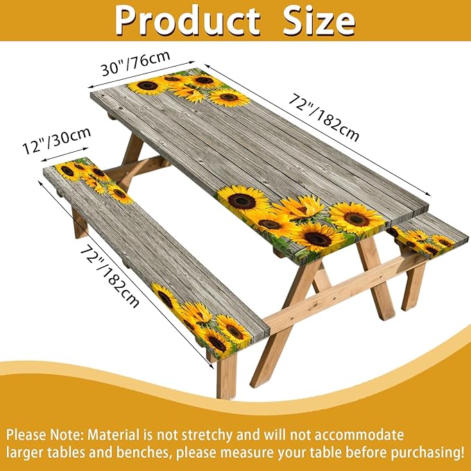 3 Pcs Sunflower Wooden Picnic Table Cover with Bench Covers,6Ft Rustic Sunflower Waterproof Fitted Picnic Table Cloths Retro Wood Texture Elastic Outdoor Picnic Tablecloth for Camping Patio Travel