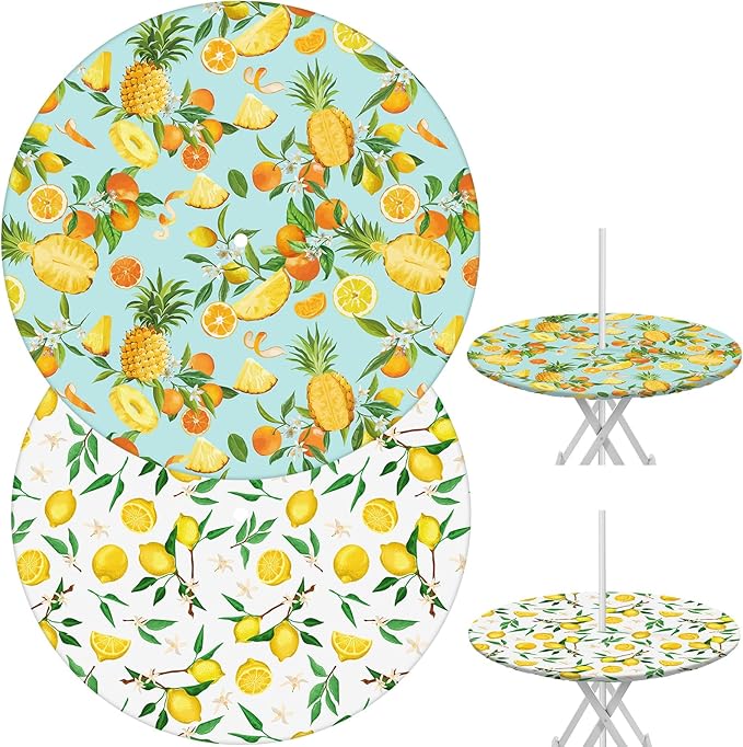 2 Pcs Round Outdoor Tablecloth with Umbrella Hole - Anti-Wrinkle Polyester Tablecloth with Elastic Zipper Table Cover for Summer Patio Camping Party(45''-53'',Lemon)
