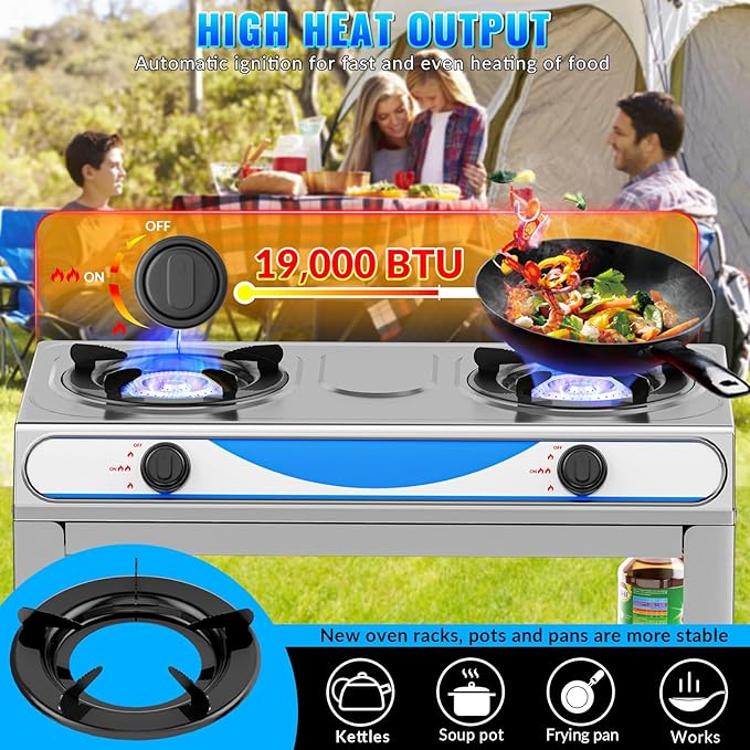2 Burner Propane Gas Stove,19000BTU Portable Gas Stove with Support Leg Stand and Adapter Auto Ignition Camping Stove,propane burner for RV, Apartment, Outdoor Cooking