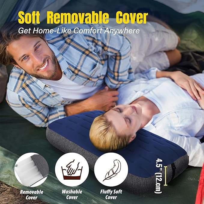 TREKOLOGY Camping Pillow - Large Inflatable (24"x15") for Home-Like Comfort, Portable & Ergonomic, Easy to Clean, Durable & Leak-Proof, Removable Strap for Secure Fit – ALUFT Ultra (Blue)