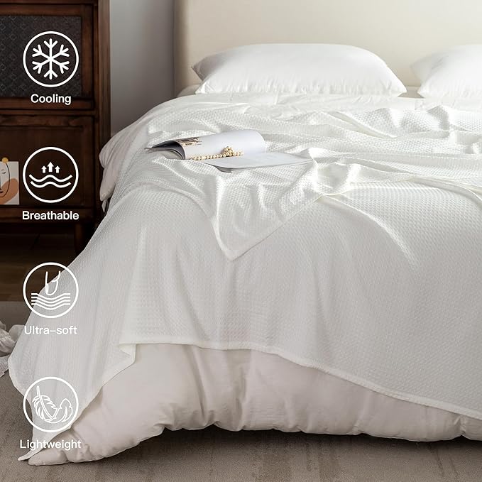 AmyHomie Cooling Waffle Blanket Queen Size, 100% Rayon Derived from Bamboo, Cool Summer Blanket for Hot Sleepers Soft Comfy Lightweight Blankets for All Seasons(White, 90×90in)