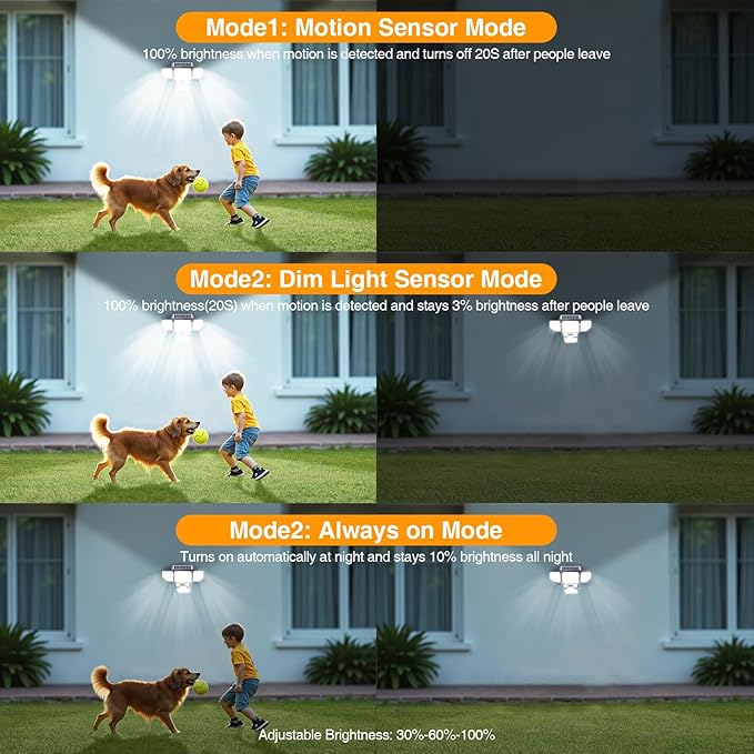 3000LM Solar Lights Outdoor, 4 Heads Solar Security Lights with Remote Control, IP65 Waterproof Motion Sensor Lights 3 Modes Flood Lights for Wall, Porch, Yard, Outside, 1 Pack
