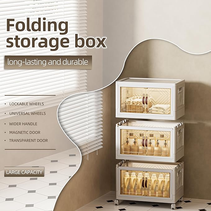 108 QT / 27 Gal Stackable Storage Bins (1 Lid) w/Wheels & Magnetic Doors, Collapsible Plastic Organizer Cabinet for Closet Office Garage - White Storage Containers