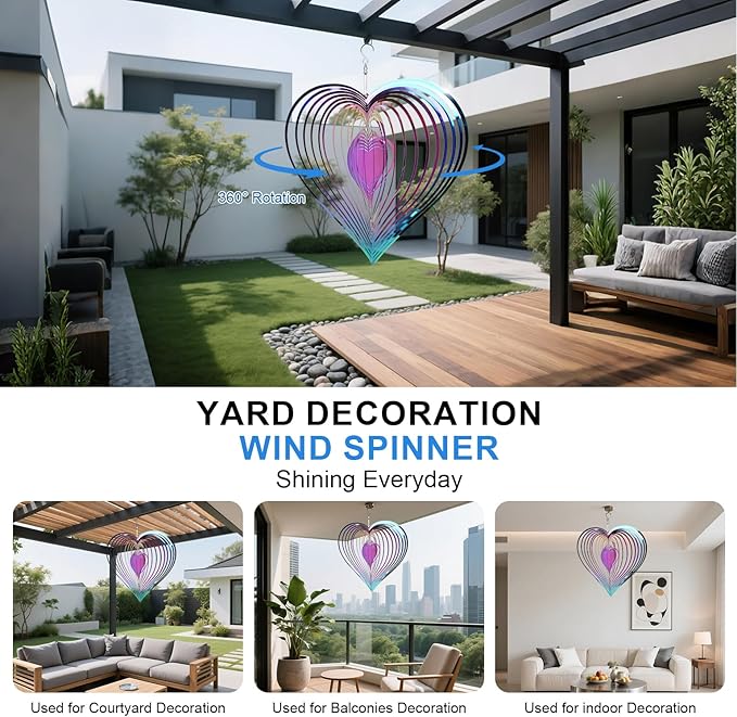 12in Wind Spinners Outdoor Color Heart Metal Wind Spinners for Yard and Garden, Stainless Steel Hanging Wind Chimes for Outside Patio Art Decor Whirligig Gifts for Mom Grandmother