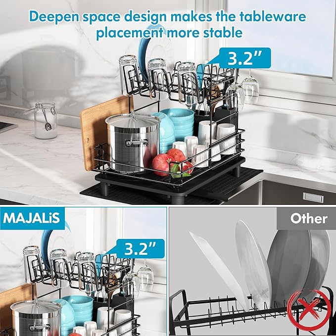 2 Tier Black Large Stainless Steel Dish Drainers Drying Rack for Kitchen Counter with Drainboard, Rust Proof Metal, Space Saving, Modern Aesthetic, Compact Plates Strainers with Extra Mat