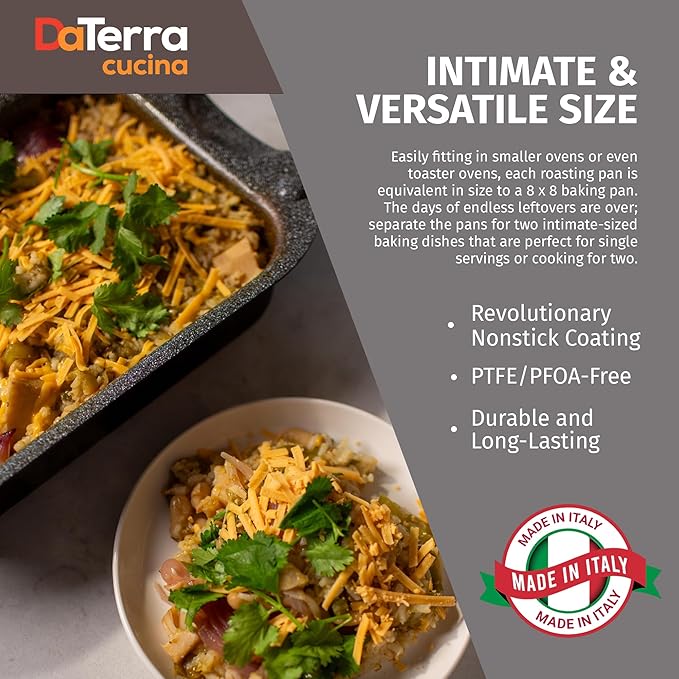 DaTerra Cucina - 13 x 8 x 4.25 Nonstick Ceramic Coated Dual Roasting Pan Set – 2 Identical Pans, Oven Safe, Ideal for Roasting, Baking, Searing, Braising, Casseroles, Fits Most Toaster Ovens