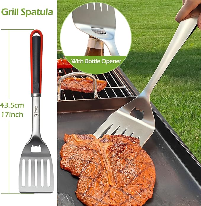 Double Two 4-Piece Stainless Steel BBQ Tool Set - Tong, Fork, Spatula, Brush - Utensils for Grill - Tools for Outdoor Grilling- BBQ Kits