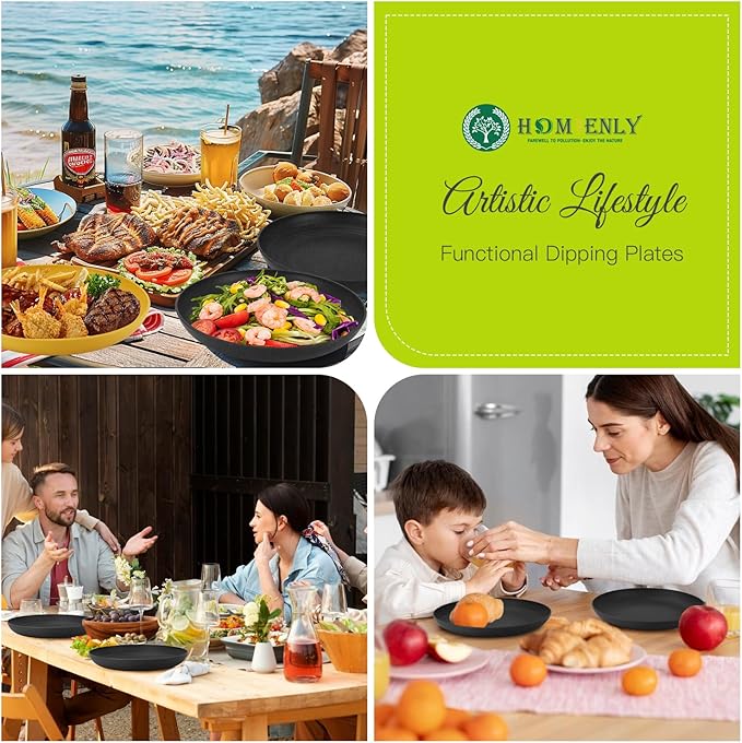 Homienly Wheat Straw Plates Set - 11 inch Reusable Large Dinner Plates Set of 8, Lightweight Unbreakable Salad Plates, Microwave and Dishwasher Safe Plates, Deep Plates for Dinner, Camping - Black