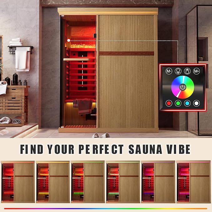 Full Spectrum Sauna for Home, 3 Person Indoor Infrared Spa Room with 10 Minutes Warm-up Heat, Canadian Hemlock Wood Home Sauna with Bluetooth and Tempered Glass