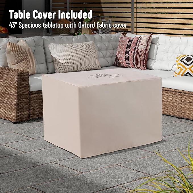 43" Propane Fire Pit Table with Rattan Fence, 50,000 BTU Gas Fire Pits for Outside Patio with Auto-Ignition, 2-in-1 Fire Table with Glass Stones,Wind Guard& Removable Lid, Black