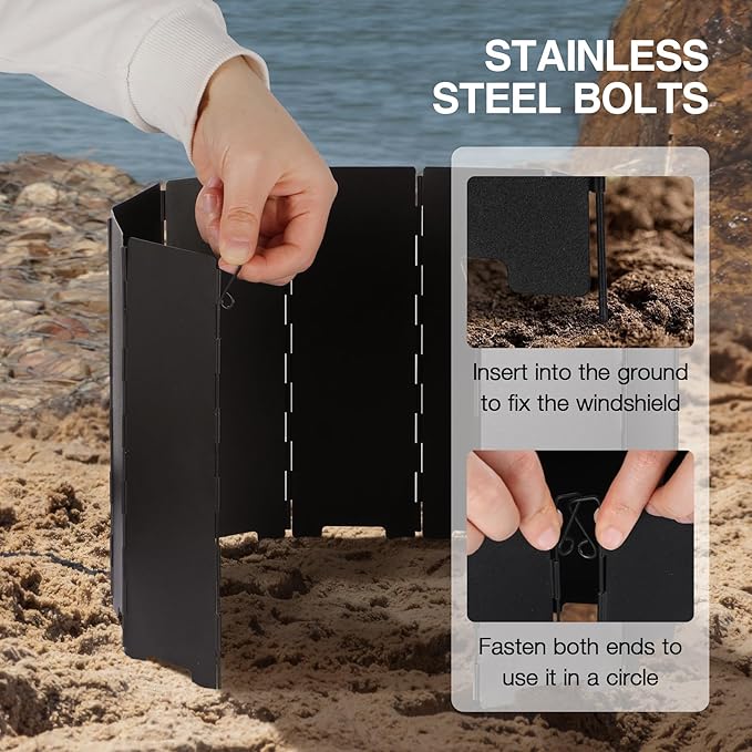 REDCAMP 9.5" High Folding Outdoor Stove Windscreen, 10 Plates Aluminum Camping Stove Windshield with Carrying bag, Lightweight Butane Burner Windshield, Black