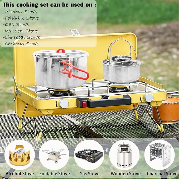 8.7"x8.7"x5" Large Capacity Compact 11 Pcs 4 to 8 People Stainless Steel Camping Cooking Cookware Sets with Utensils and Kettle, Outdoor Mess Cooking Kit with Carrying Bag