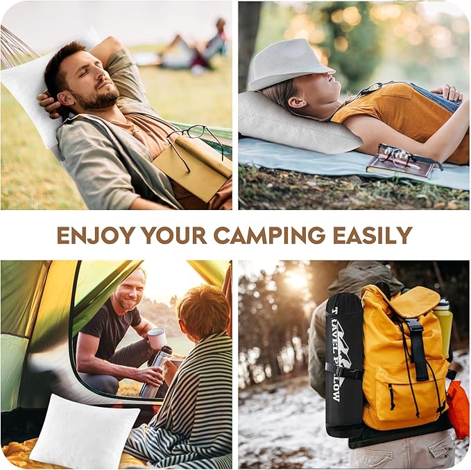 Small Shredded Memory Foam Pillow, Camping Pillow Travel Pillow - Compressible Medium Firm, Breathable Cover, Ideal Backpacking Hiking, Airplane and Car (Off-White, S)