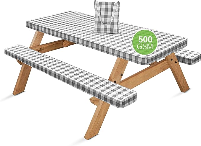 Hudson Comfort Picnic Table Cover with Bench Covers – 500 GSM Reusable Heavy Duty Vinyl Outdoor Table Cover - Waterproof Picnic Tablecloth with Carry Case (Gray, 72 Inch (6 Feet))
