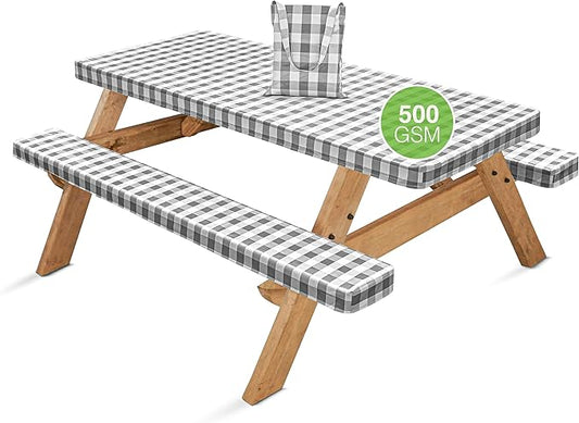 Hudson Comfort Picnic Table Cover with Bench Covers – 500 GSM Reusable Heavy Duty Vinyl Outdoor Table Cover - Waterproof Picnic Tablecloth with Carry Case (Gray, 72 Inch (6 Feet))