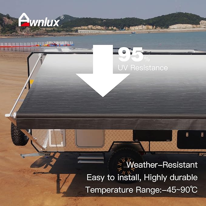 AWNLUX RV Awning Fabric Replacement Waterproof Vinyl Shade Screen for Awnings Camping Universal Fit Fabric Sun Shade UV Sun Blocker Canopy RV Awning Shade Shelter Charcoal Fade-11' (Fabric 10'2")