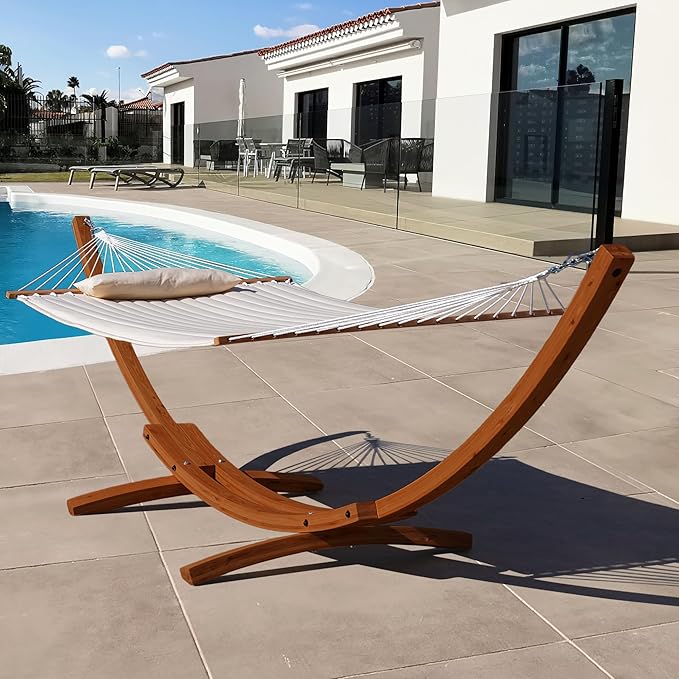 Lazy Daze Hammocks 12 FT Double Quilted Fabric Hammock and 13 FT Brown Wooden Arc Stand, with Spreader Bar, Removable Pillow, 2 Person Hammock for Outdoor Patio Poolside, 450 lb Capacity, Brown