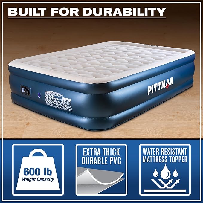 Pittman - 20" Luxury Air Mattress Queen with Built in Pump - Premium Comfort Queen Size Blow up Mattress - 700lb Capacity - Ideal for Home Visits, Guests, Travel or Camping - Includes Carry Bag