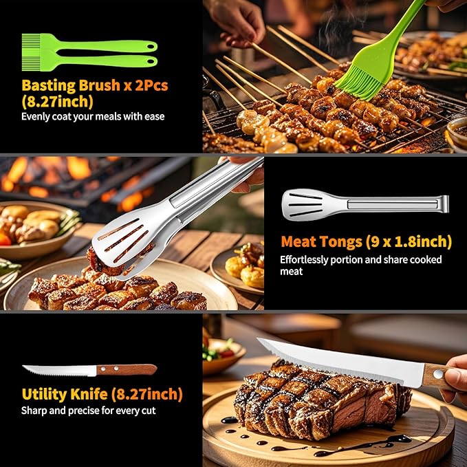 16 Inch Grilling Accessories Set, Heavy Duty Stainless Steel BBQ Accessories Tools and Grill Accessories for Outdoor Grill with Spatula, Fork, & Tongs - Grilling Gifts for Men Women Father